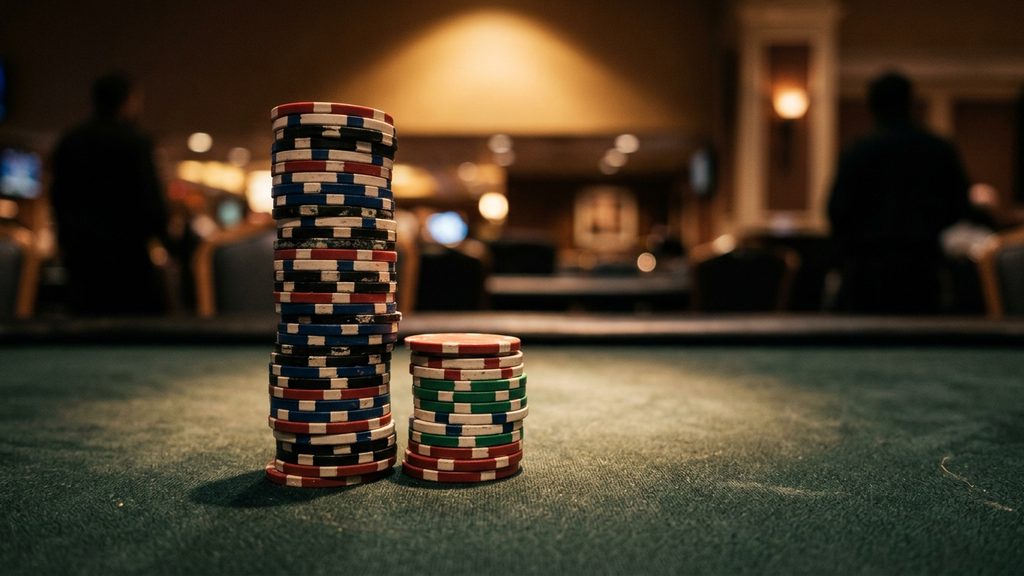 Keping poker bertumpuk di samping uang hadiah turnamen