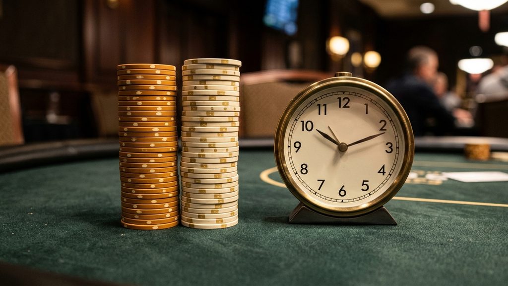 Jam turnamen poker dan tumpukan keping di atas meja felt hijau