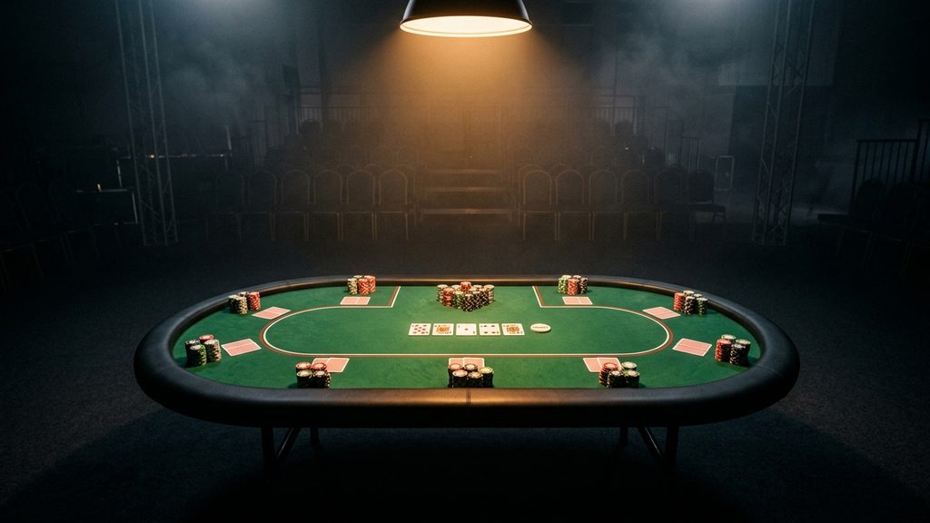 Suasana meja final turnamen poker dengan sorotan lampu