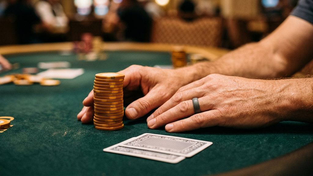 Pemain poker menunggu dengan tenang di meja turnamen